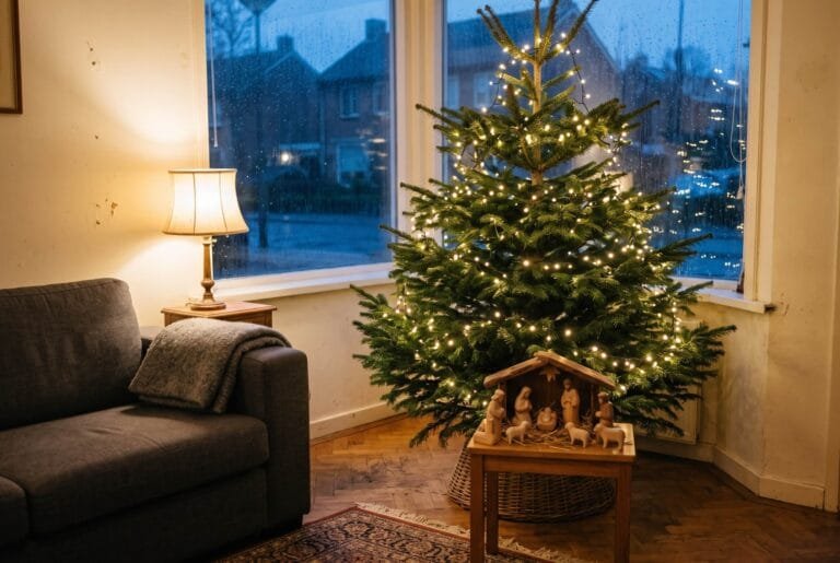 Verlichte kerstboom in een Nederlandse woonkamer met een kleine houten kerststal eronder