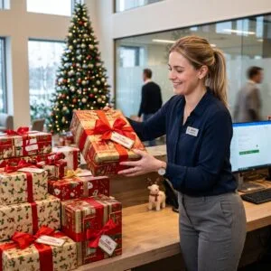 Medewerker tilt een ingepakt kerstpakket van een stapel dozen op de receptiebalie van een kantoor