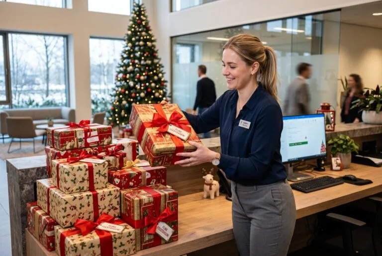 Medewerker tilt een ingepakt kerstpakket van een stapel dozen op de receptiebalie van een kantoor