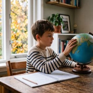 Jongen draait aan een wereldbol op een houten tafel met een schrift, in een woonkamer met herfstlicht