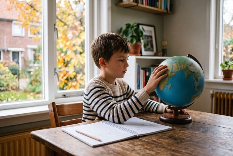 Jongen draait aan een wereldbol op een houten tafel met een schrift, in een woonkamer met herfstlicht