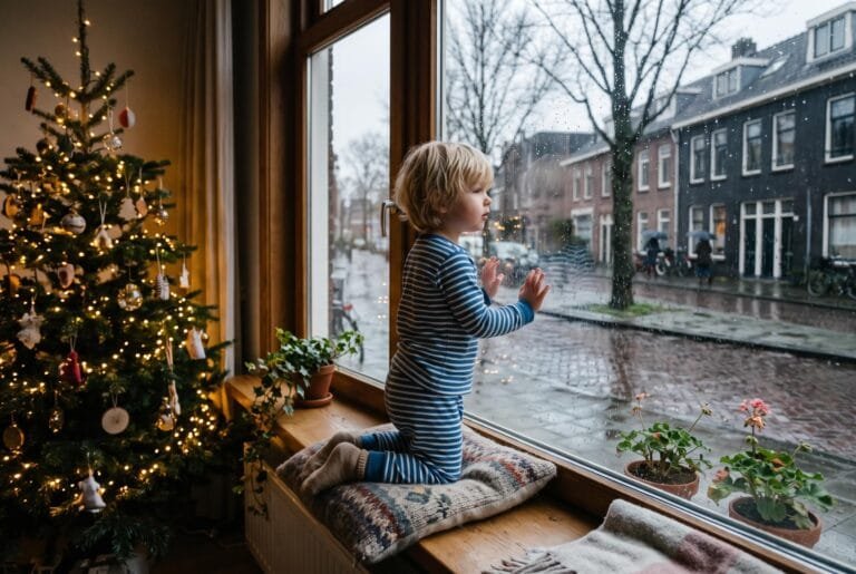 Kind in pyjama kijkt op een grijze decemberochtend door het raam naar een natte groene straat zonder sneeuw