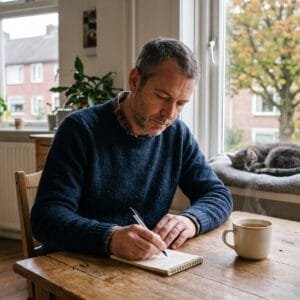 Man noteert aan de keukentafel zijn klachten op een notitieblok naast zakdoekjes en een slapende kat op de vensterbank