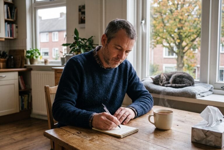 Man noteert aan de keukentafel zijn klachten op een notitieblok naast zakdoekjes en een slapende kat op de vensterbank