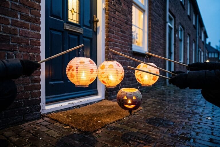 Papieren lampionnen en een uitgeholde biet met een kaars bij de voordeur van een rijtjeshuis op een novemberavond