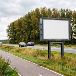 Leeg reclamebord langs een Nederlandse doorgaande weg op een bewolkte middag