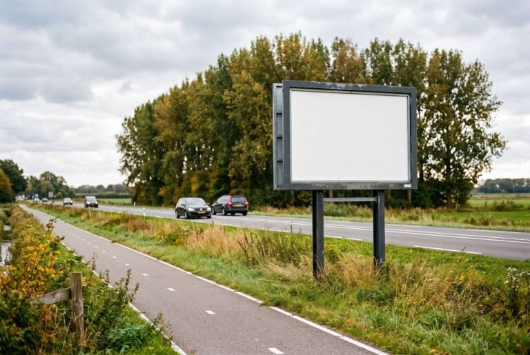 Leeg reclamebord langs een Nederlandse doorgaande weg op een bewolkte middag