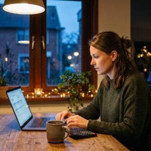 Vrouw bekijkt op een decemberavond aan de keukentafel haar loonstrook op een laptop met een rekenmachine