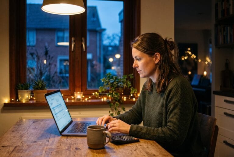 Vrouw bekijkt op een decemberavond aan de keukentafel haar loonstrook op een laptop met een rekenmachine