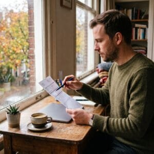 Man leest aan een bureau bij het raam een geprinte loonstrook na en wijst met een pen een regel aan