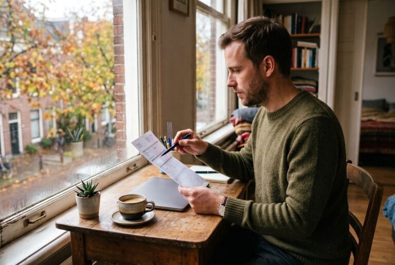 Man leest aan een bureau bij het raam een geprinte loonstrook na en wijst met een pen een regel aan