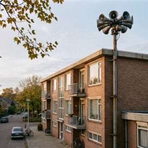 Oude luchtalarmsirene op een paal op het dak van een bakstenen flat uit de jaren vijftig in de herfst