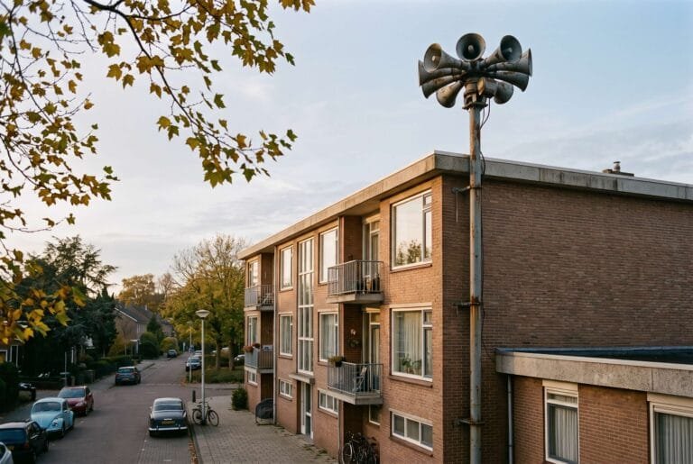 Oude luchtalarmsirene op een paal op het dak van een bakstenen flat uit de jaren vijftig in de herfst