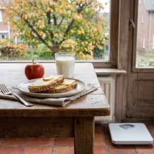 Volkoren boterhammen met kaas, een appel en een glas melk op een keukentafel, met een weegschaal op de vloer