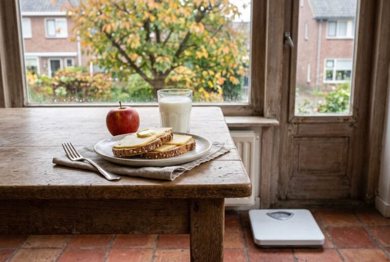 Volkoren boterhammen met kaas, een appel en een glas melk op een keukentafel, met een weegschaal op de vloer