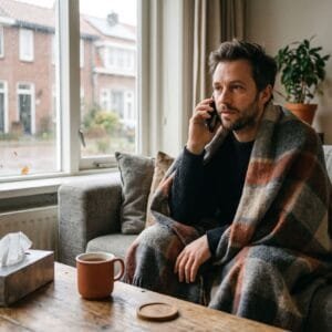Man met een deken om zit vroeg in de ochtend op de bank en belt met zijn telefoon