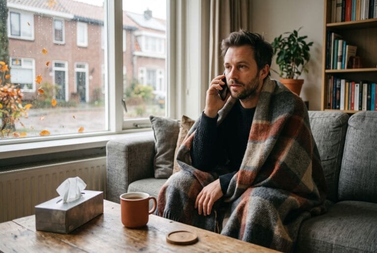 Man met een deken om zit vroeg in de ochtend op de bank en belt met zijn telefoon