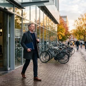 Man van begin vijftig loopt aan het eind van de werkdag met een map onder de arm een kantoorgebouw uit