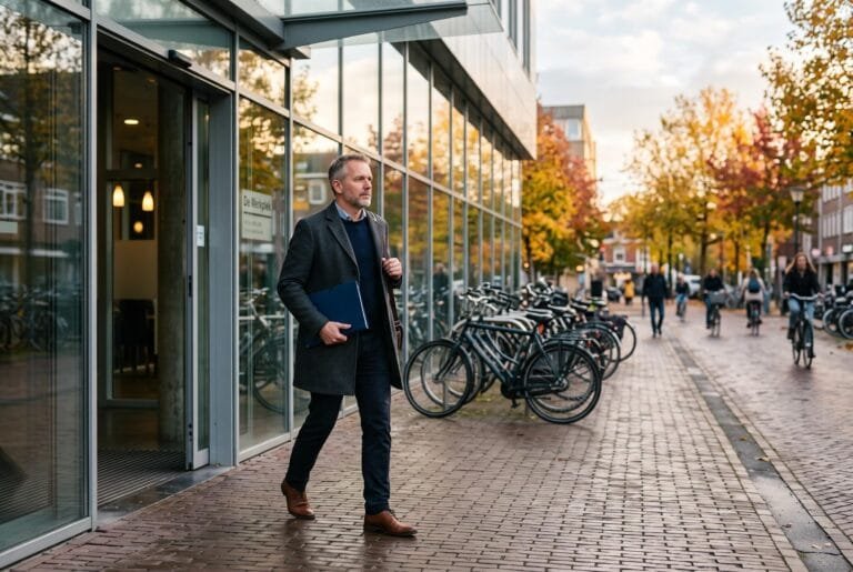 Man van begin vijftig loopt aan het eind van de werkdag met een map onder de arm een kantoorgebouw uit