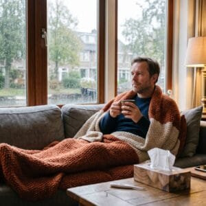 Man zit onder een deken op de bank met thee en een doos tissues terwijl regen tegen het raam slaat