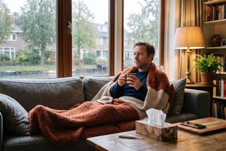 Man zit onder een deken op de bank met thee en een doos tissues terwijl regen tegen het raam slaat
