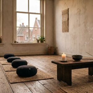 Lege meditatieruimte met ronde kussens op een houten vloer, een brandende kaars en wierook in het ochtendlicht