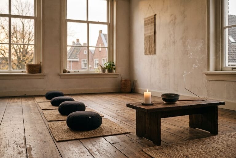 Lege meditatieruimte met ronde kussens op een houten vloer, een brandende kaars en wierook in het ochtendlicht