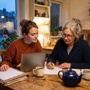 Moeder schrijft op een herfstavond aan de keukentafel op een formulier terwijl haar volwassen dochter meekijkt