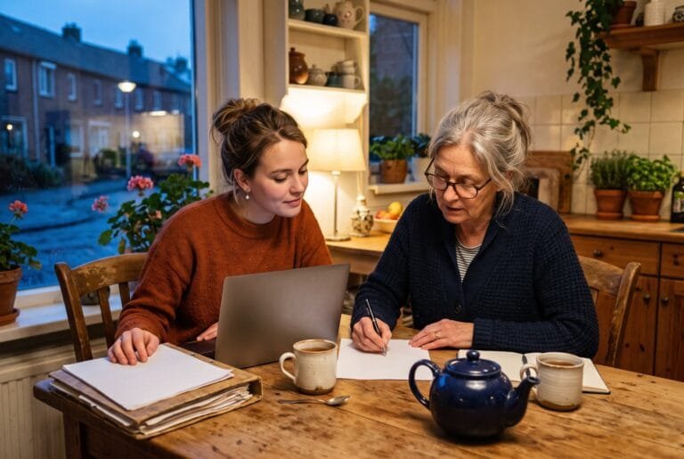 Moeder schrijft op een herfstavond aan de keukentafel op een formulier terwijl haar volwassen dochter meekijkt