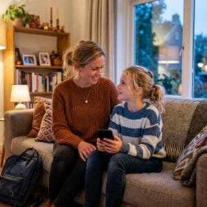Moeder en dochter praten samen op de bank over een smartphone in een woonkamer op een herfstavond