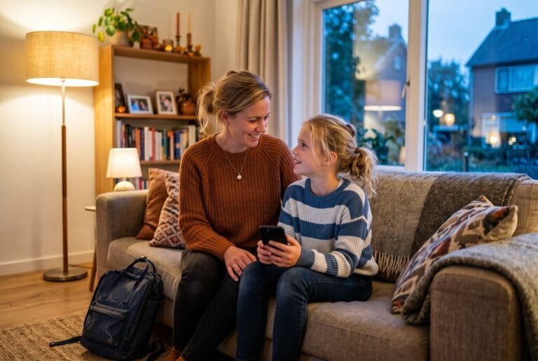Moeder en dochter praten samen op de bank over een smartphone in een woonkamer op een herfstavond