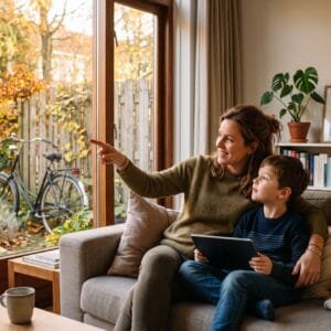 Moeder en zoon op de bank met een tablet terwijl zij naar de tuin buiten het raam wijst in herfstlicht