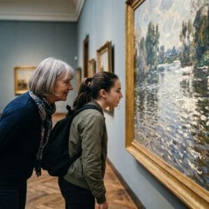 Oudere vrouw en tienermeisje bekijken in een stille museumzaal van dichtbij een schilderij met losse penseelstreken