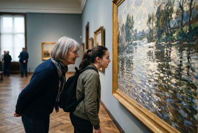 Oudere vrouw en tienermeisje bekijken in een stille museumzaal van dichtbij een schilderij met losse penseelstreken