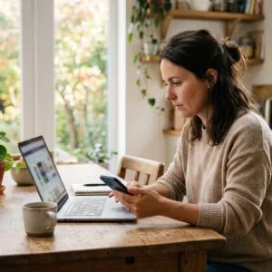 Vrouw vergelijkt aan de keukentafel een aanbieding op haar laptop met de prijs op haar telefoon