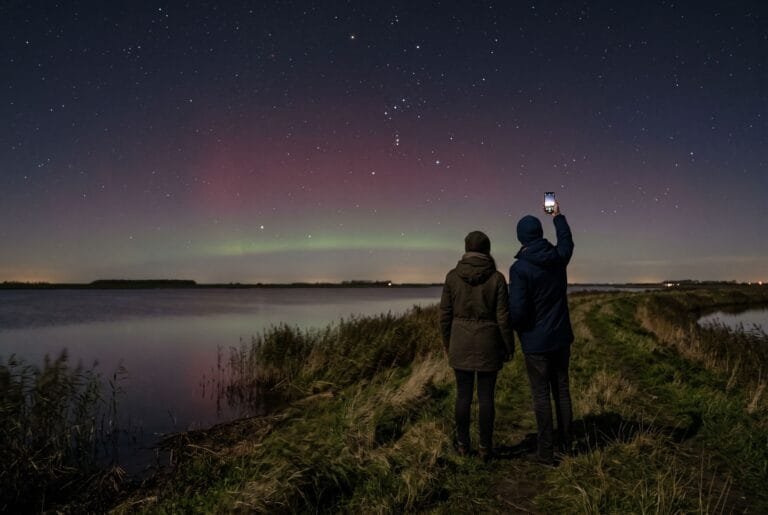 Twee mensen op een dijk bij het Lauwersmeer kijken in de nacht naar een rode gloed van noorderlicht in het noorden