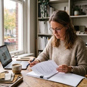 Ondernemer leest aan haar bureau een geprint contract door met een pen in de hand en een laptop ernaast