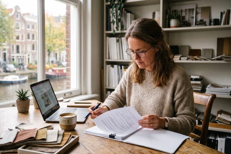 Ondernemer leest aan haar bureau een geprint contract door met een pen in de hand en een laptop ernaast