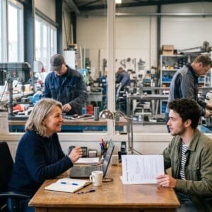 Ondernemer voert een sollicitatiegesprek terwijl achter een glazen wand twee ingehuurde vakmensen in de werkplaats bezig zijn