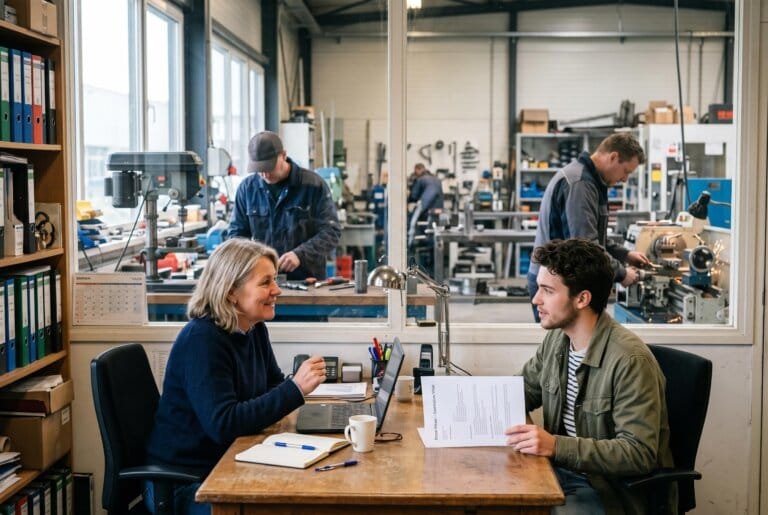 Ondernemer voert een sollicitatiegesprek terwijl achter een glazen wand twee ingehuurde vakmensen in de werkplaats bezig zijn