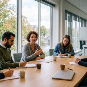 Zes werknemers overleggen aan een lange vergadertafel in een licht kantoor op een herfstmiddag