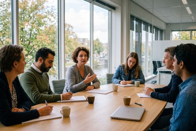 Zes werknemers overleggen aan een lange vergadertafel in een licht kantoor op een herfstmiddag