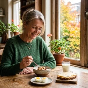 Vrouw eet aan de keukentafel kwark met noten naast een gekookt ei, volkorenbrood met kaas en een glas melk