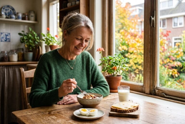 Vrouw eet aan de keukentafel kwark met noten naast een gekookt ei, volkorenbrood met kaas en een glas melk