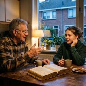 Opa vertelt aan de keukentafel iets aan zijn kleindochter die met een glimlach luistert naast een open oud boek