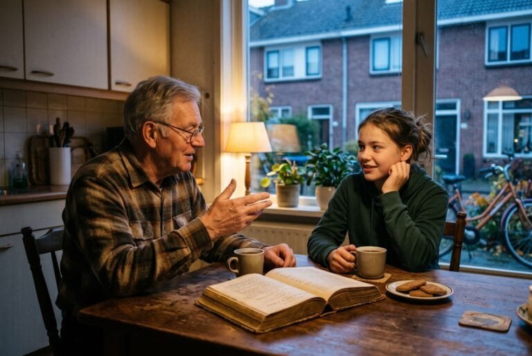 Opa vertelt aan de keukentafel iets aan zijn kleindochter die met een glimlach luistert naast een open oud boek