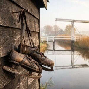Oude houten Friese schaatsen hangen aan een schuurwand bij een vaart met een witte ophaalbrug op een mistige herfstochtend