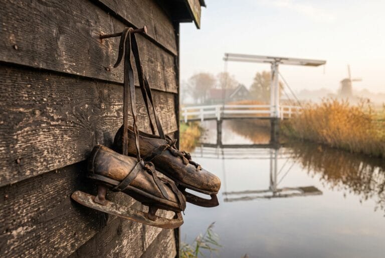 Oude houten Friese schaatsen hangen aan een schuurwand bij een vaart met een witte ophaalbrug op een mistige herfstochtend
