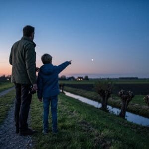 Ouder en kind op een dijk wijzen in de schemering naar een helder lichtpuntje laag boven de horizon