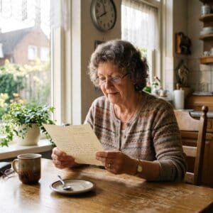 Oudere vrouw leest aan haar keukentafel de uitnodigingsbrief voor de griepprik